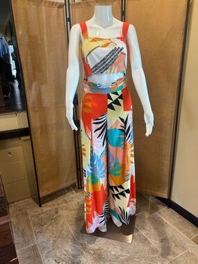 Lulu's Multicolor Tropical Print Wide-Leg Jumpsuit (Coral, Teal, Yellow, Black)